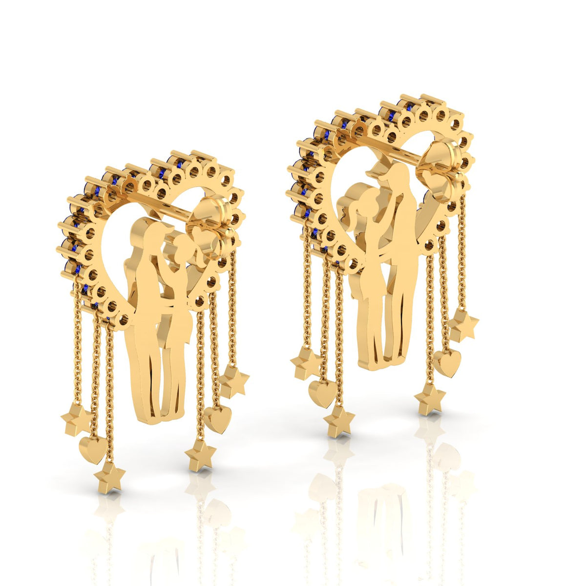 Blue Sapphire Couple Heart Gold Plated Hanging Earrings
