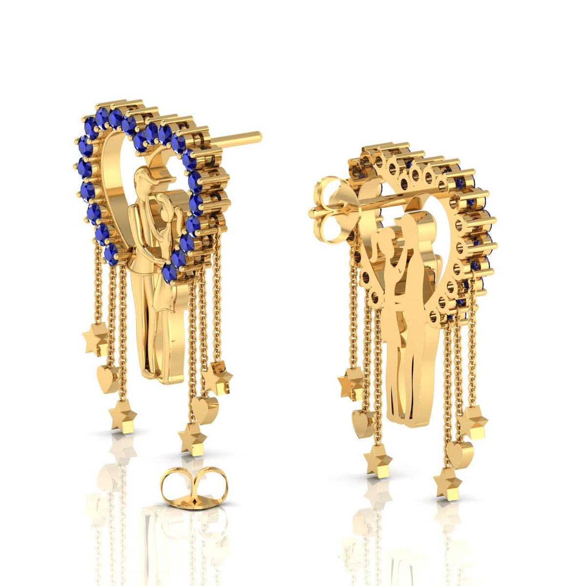 Blue Sapphire Couple Heart Gold Plated Hanging Earrings