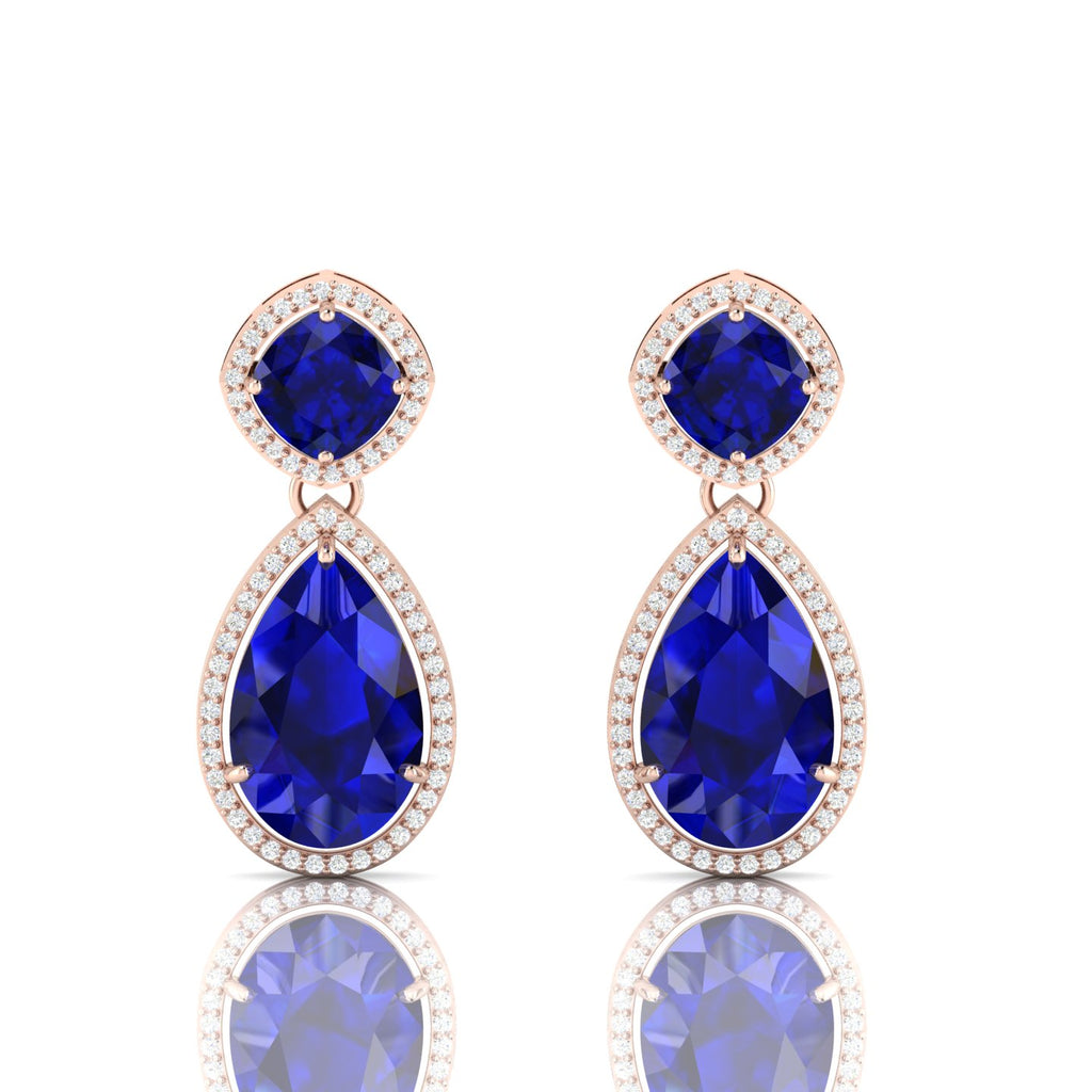 Rose Gold Plated Blue Sapphire Tear Drop Dangle Earrings