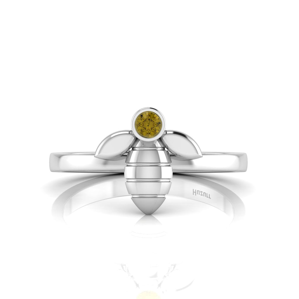 Round Coffee Diamond Sterling Silver Solitaire Honeybee Ring