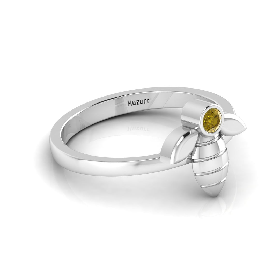 Round Coffee Diamond Sterling Silver Solitaire Honeybee Ring
