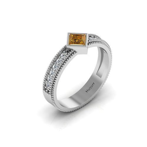 925 Silver Princess Cut Coffee Diamond Milgrain Solitaire Ring