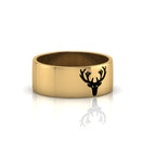 Gold Plated Black Enamel Deer Engraved Band Ring