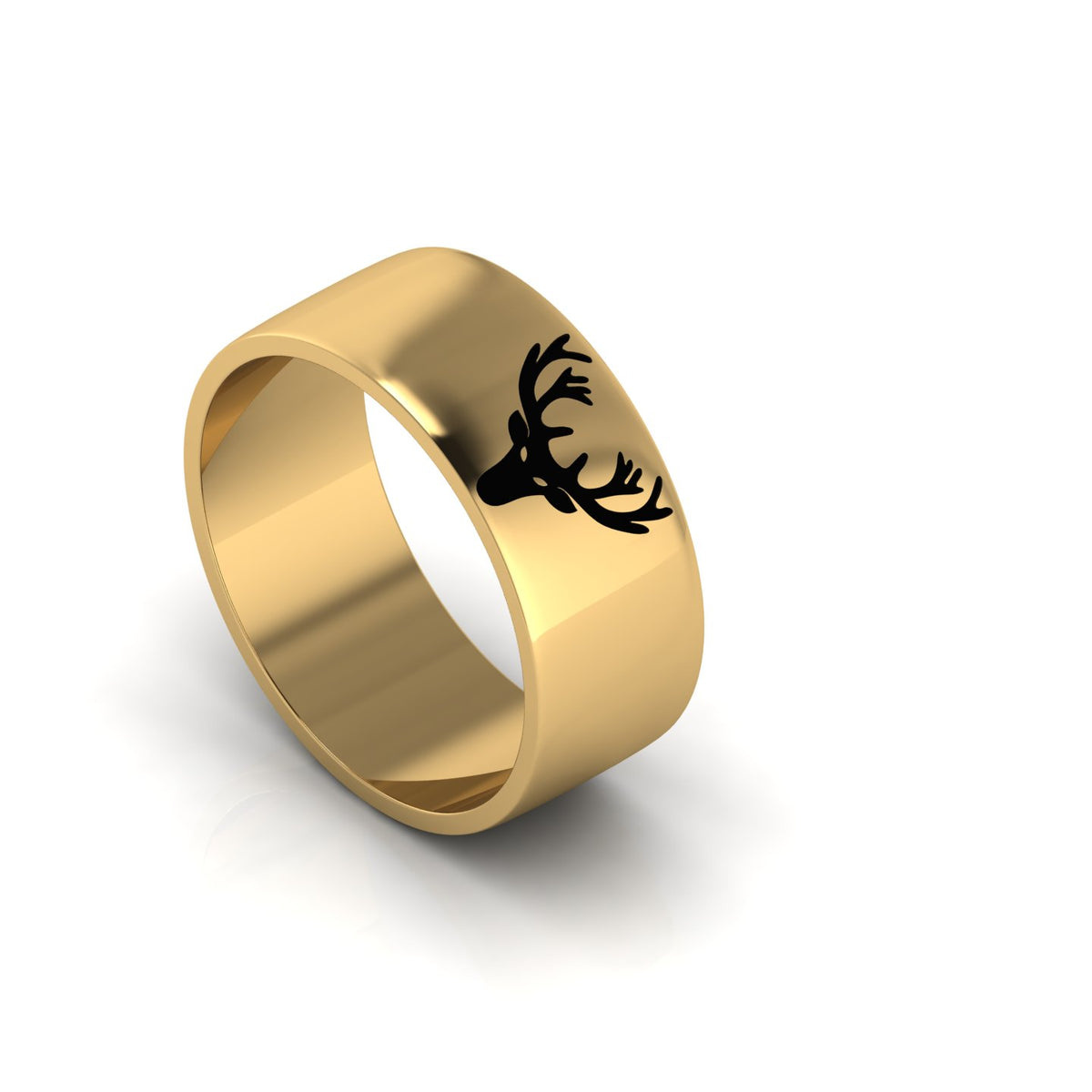 Gold Plated Black Enamel Deer Engraved Band Ring