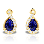 Diamond Swirl Frame Pear Blue Sapphire Earrings