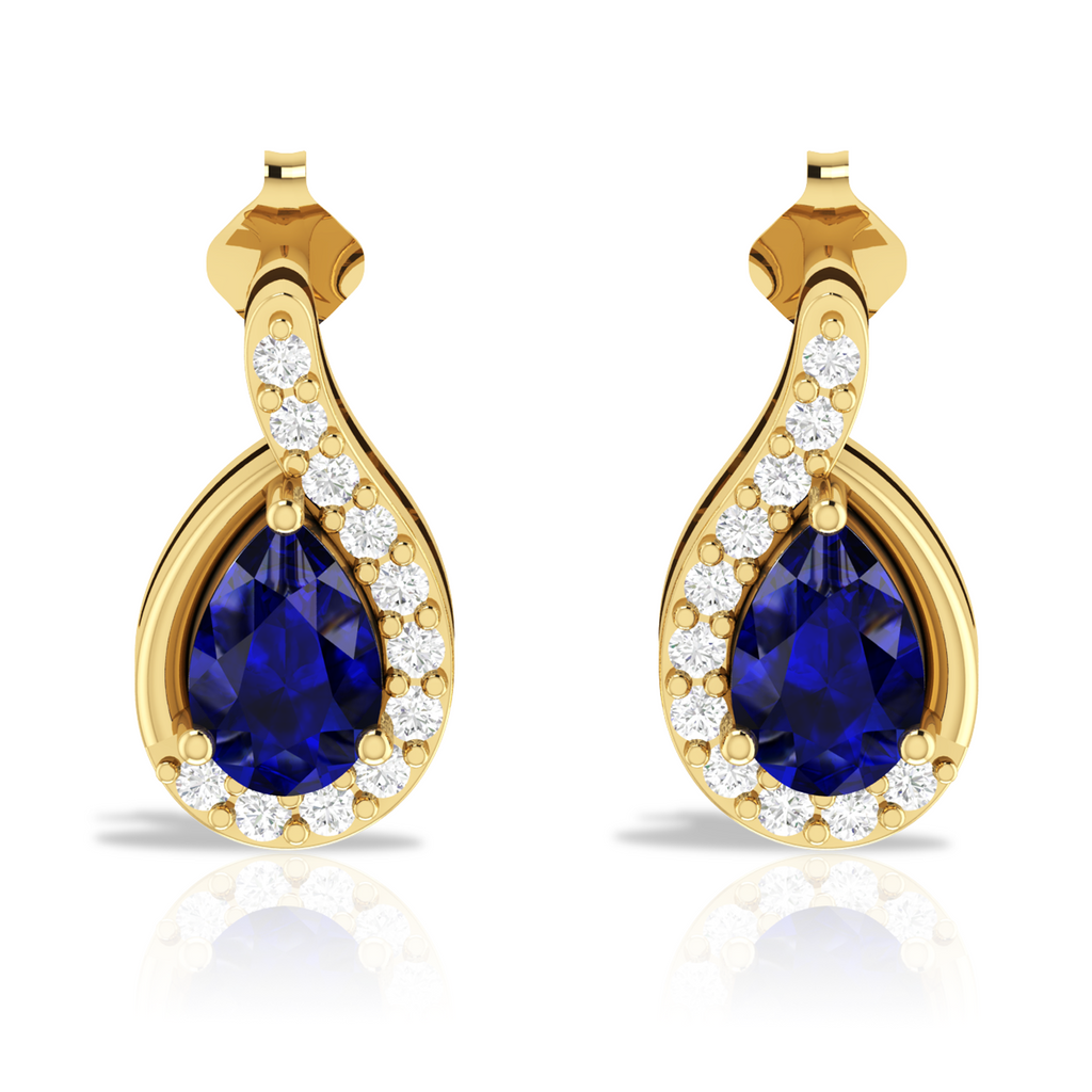 Diamond Swirl Frame Pear Blue Sapphire Earrings