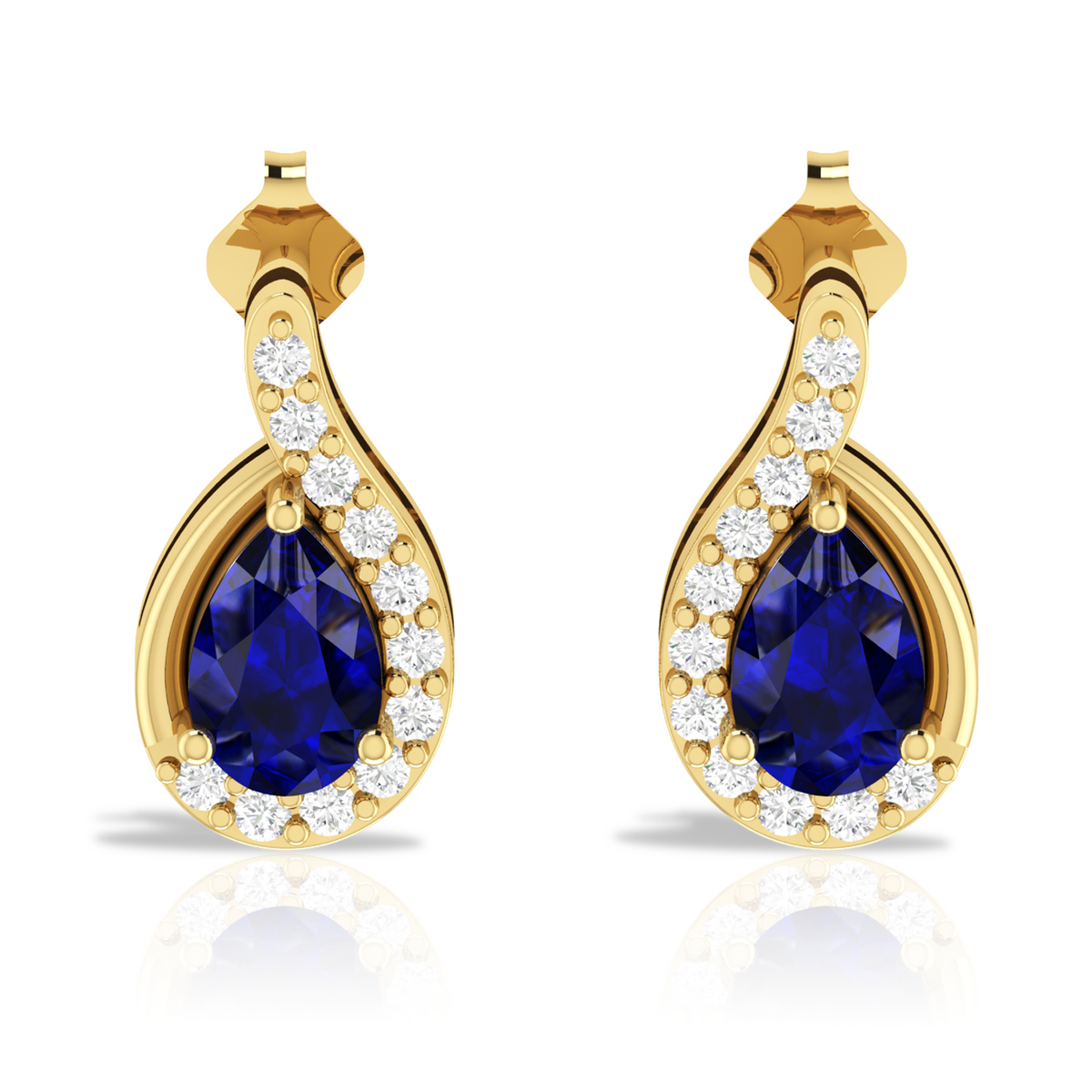 Diamond Swirl Frame Pear Blue Sapphire Earrings