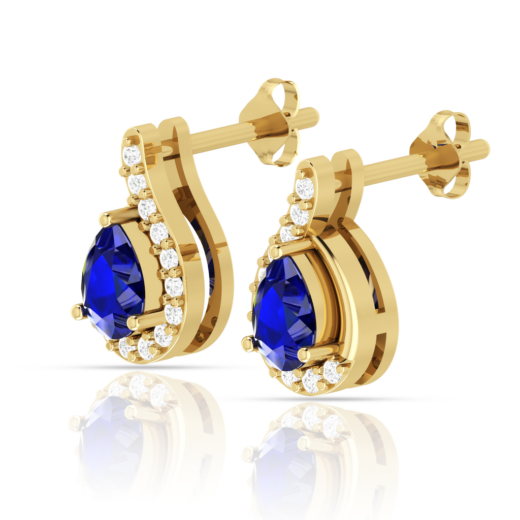 Diamond Swirl Frame Pear Blue Sapphire Earrings