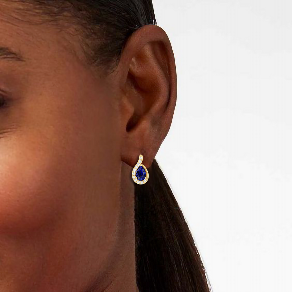 Diamond Swirl Frame Pear Blue Sapphire Earrings