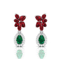 Emerald & Garnet Teardrop Cluster Sterling Silver Earrings