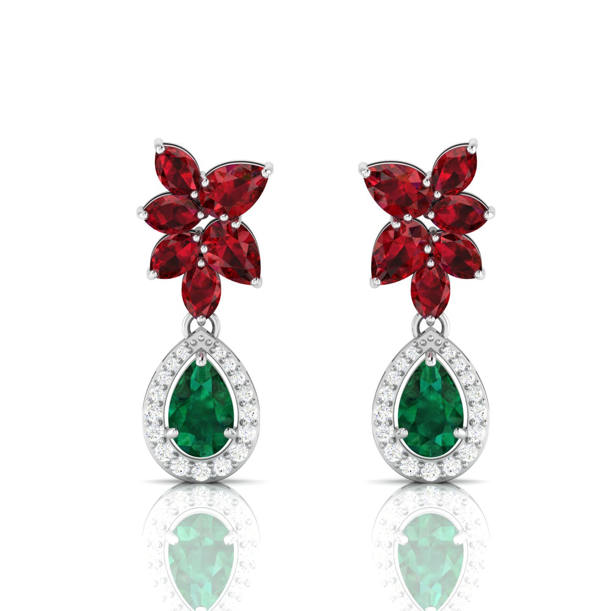 Emerald & Garnet Teardrop Cluster Sterling Silver Earrings