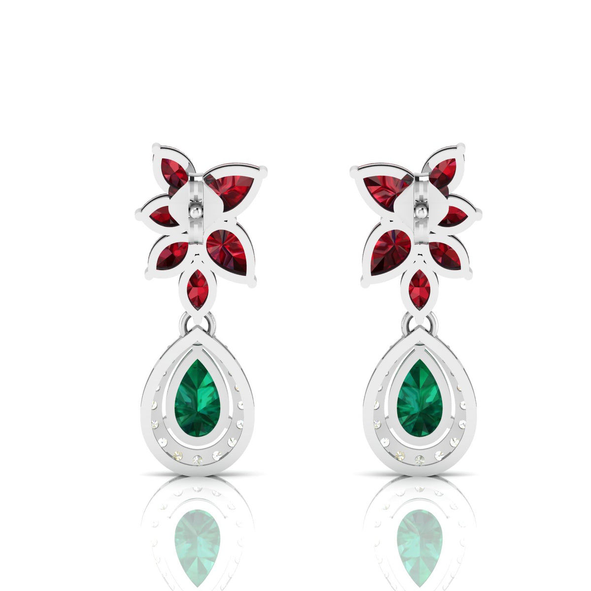 Emerald & Garnet Teardrop Cluster Sterling Silver Earrings