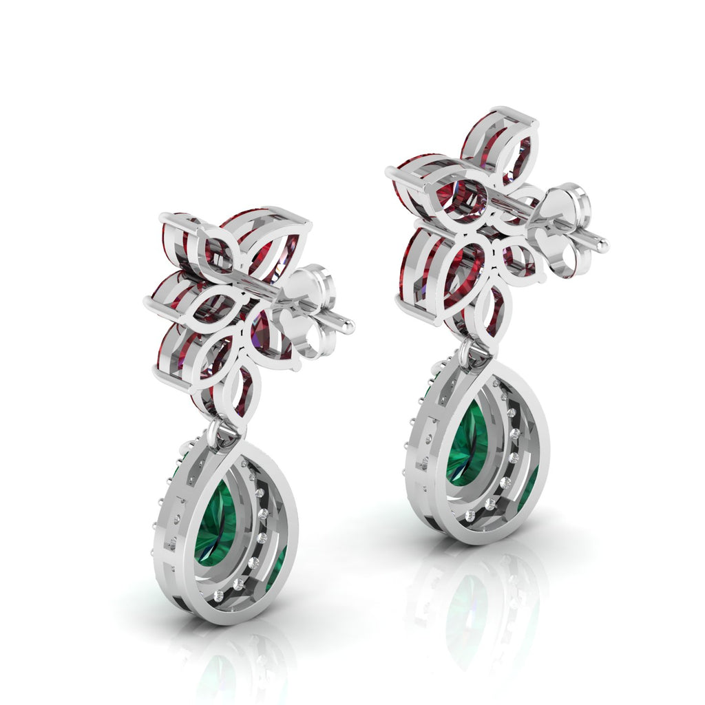 Emerald & Garnet Teardrop Cluster Sterling Silver Earrings