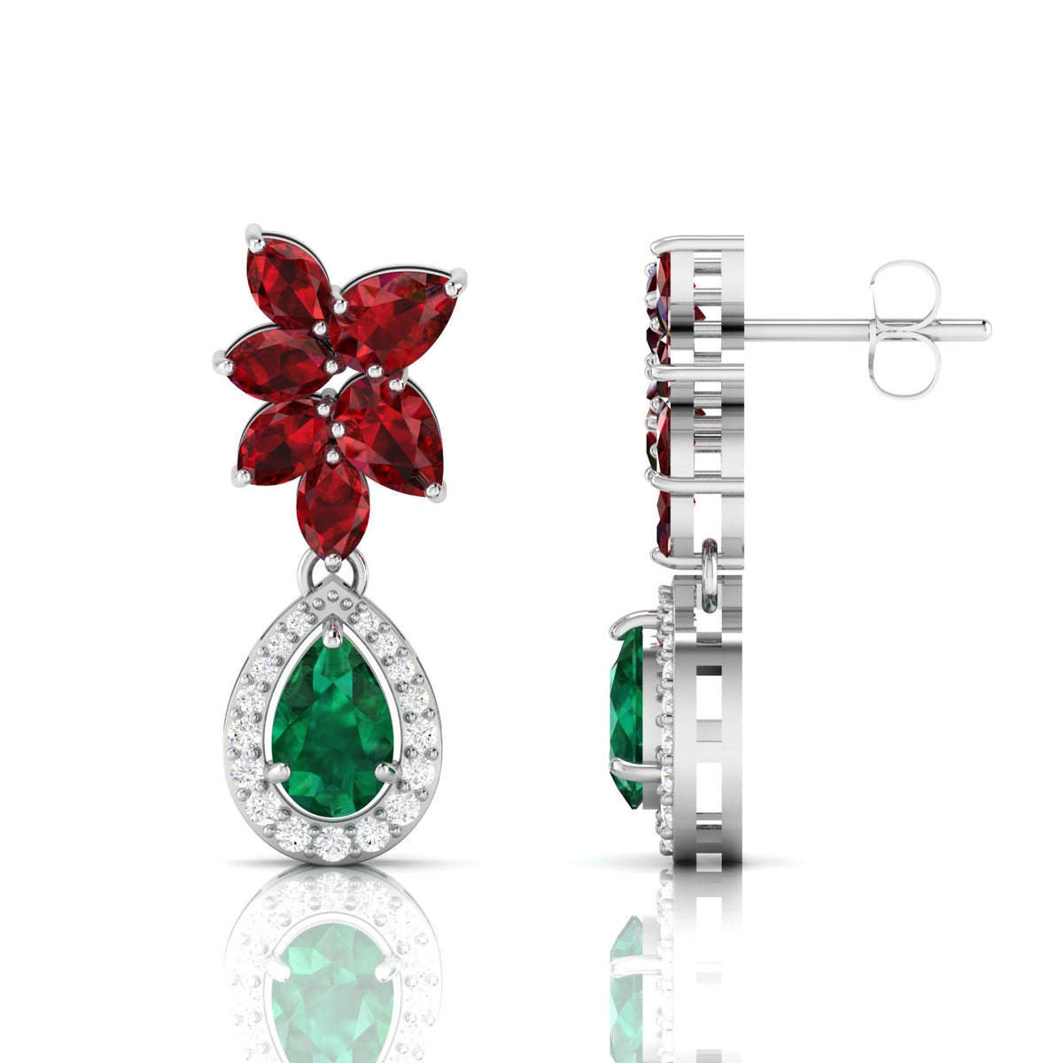Emerald & Garnet Teardrop Cluster Sterling Silver Earrings