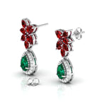 Emerald & Garnet Teardrop Cluster Sterling Silver Earrings