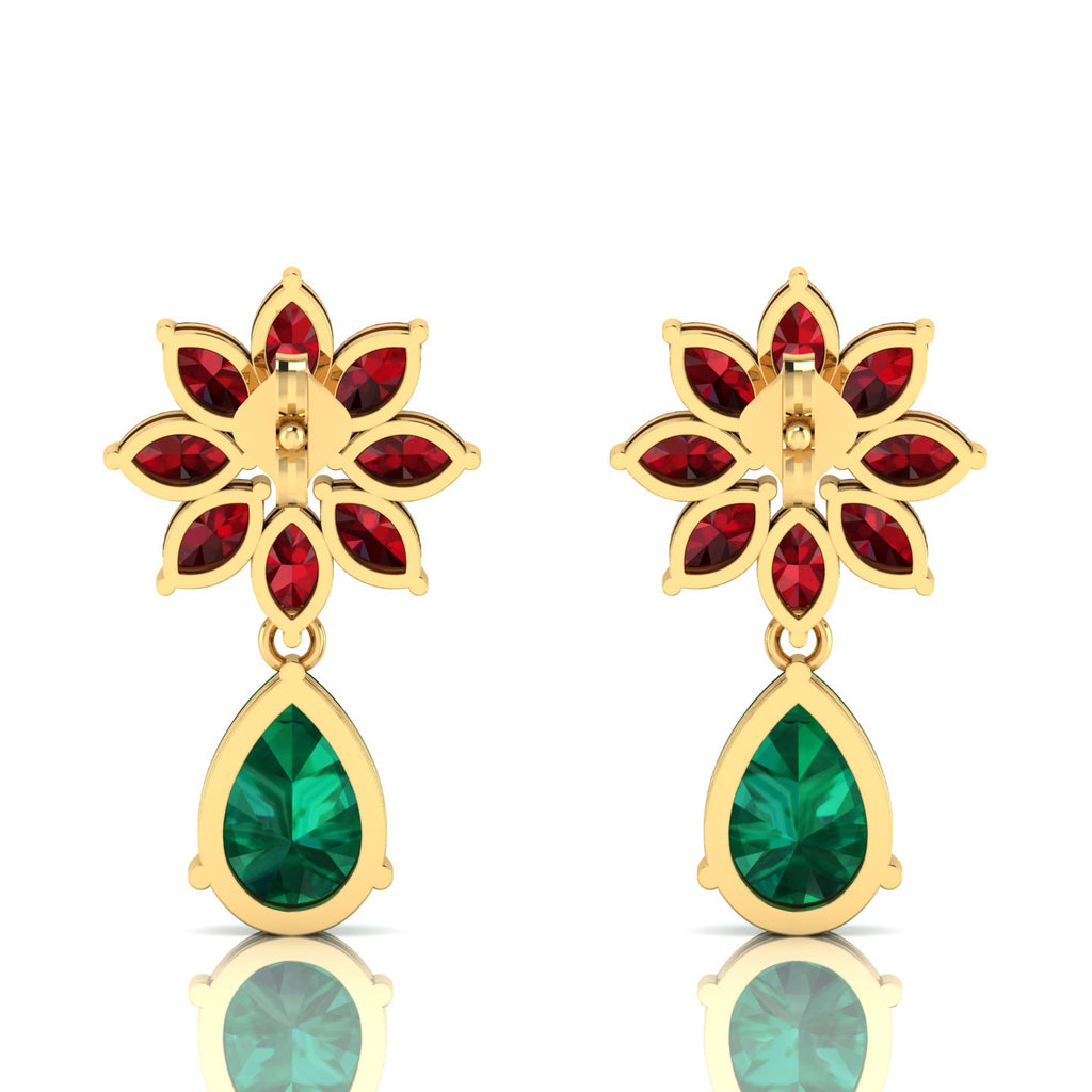 Gold Plated Emerald & Garnet Flower Teardrops Earrings