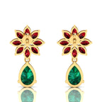 Gold Plated Emerald & Garnet Flower Teardrops Earrings