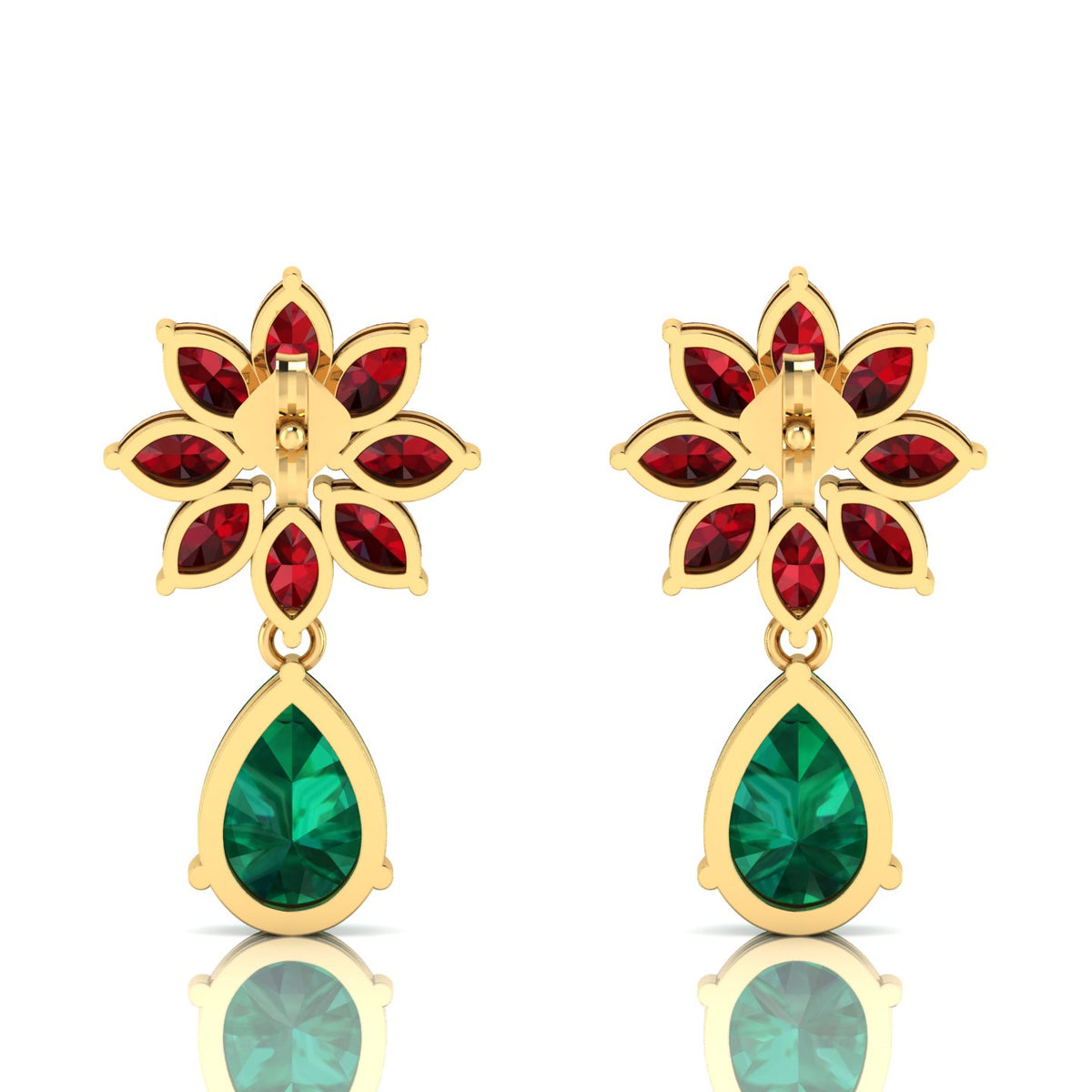 Gold Plated Emerald & Garnet Flower Teardrops Earrings