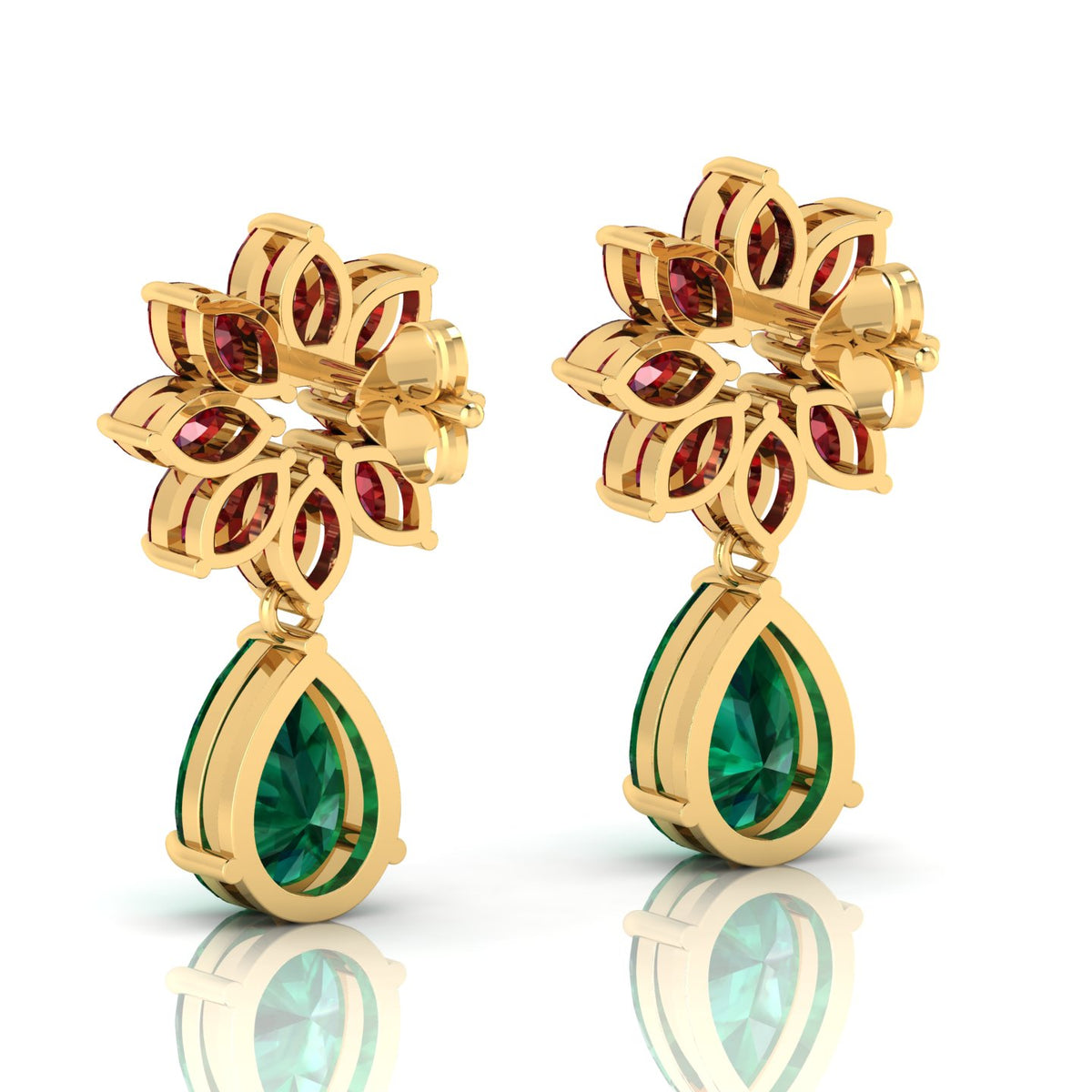 Gold Plated Emerald & Garnet Flower Teardrops Earrings