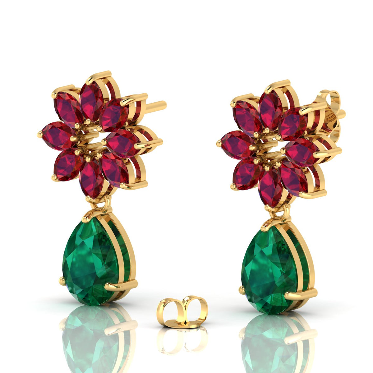 Gold Plated Emerald & Garnet Flower Teardrops Earrings