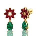 Gold Plated Emerald & Garnet Flower Teardrops Earrings