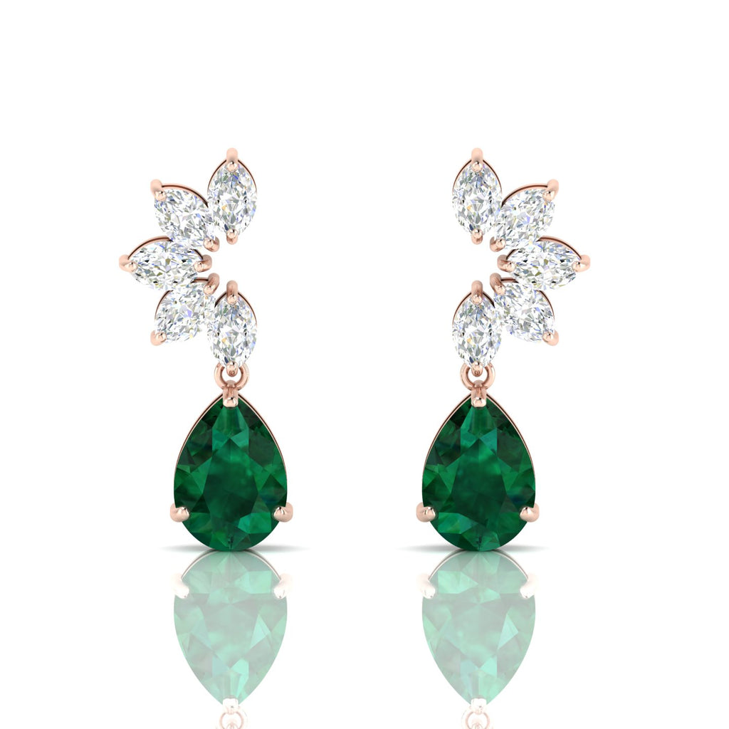 Emerald & Diamond Tear Drop Rose Gold Plated Earrings