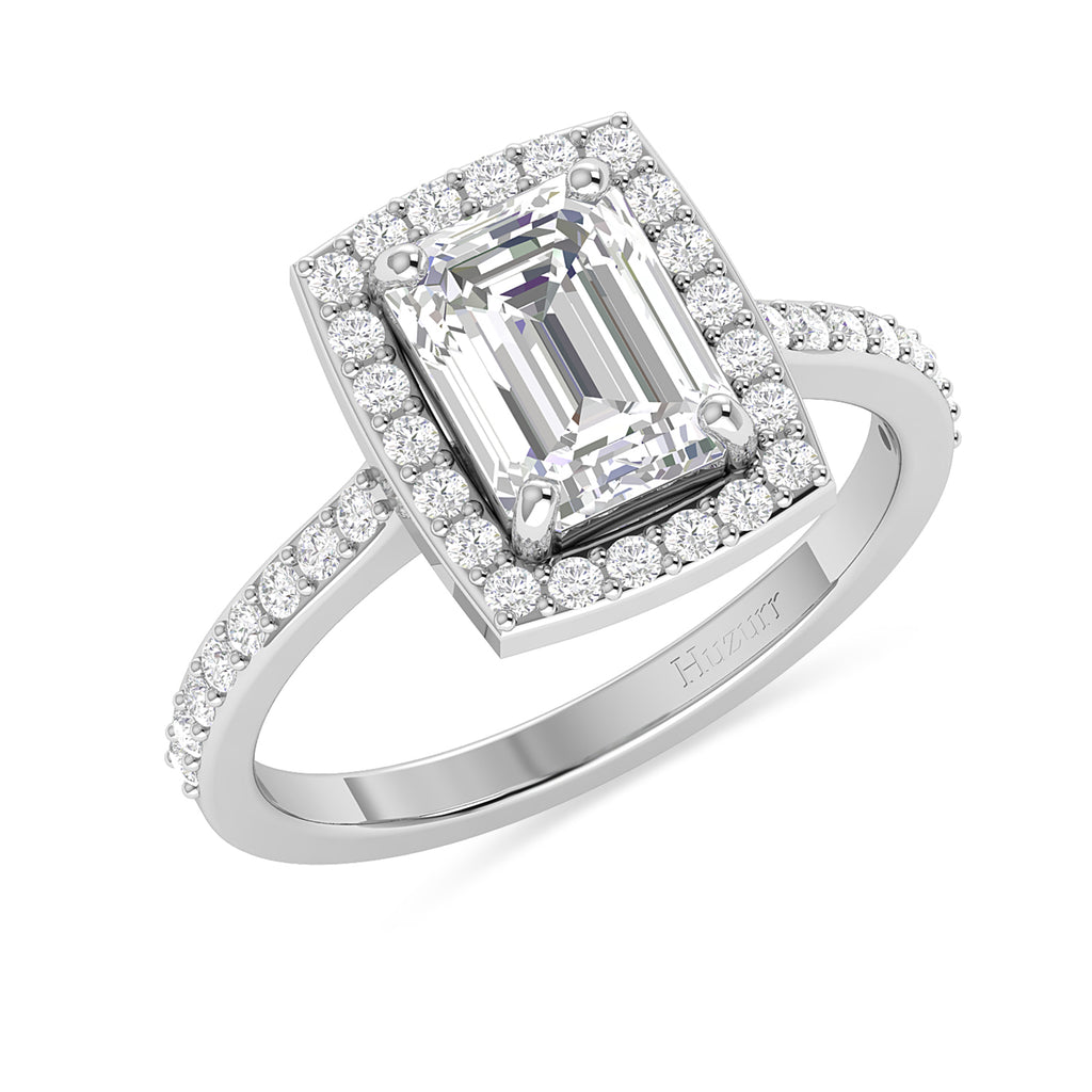 Silver Emerald Cut Diamond Solitaire Halo Ring