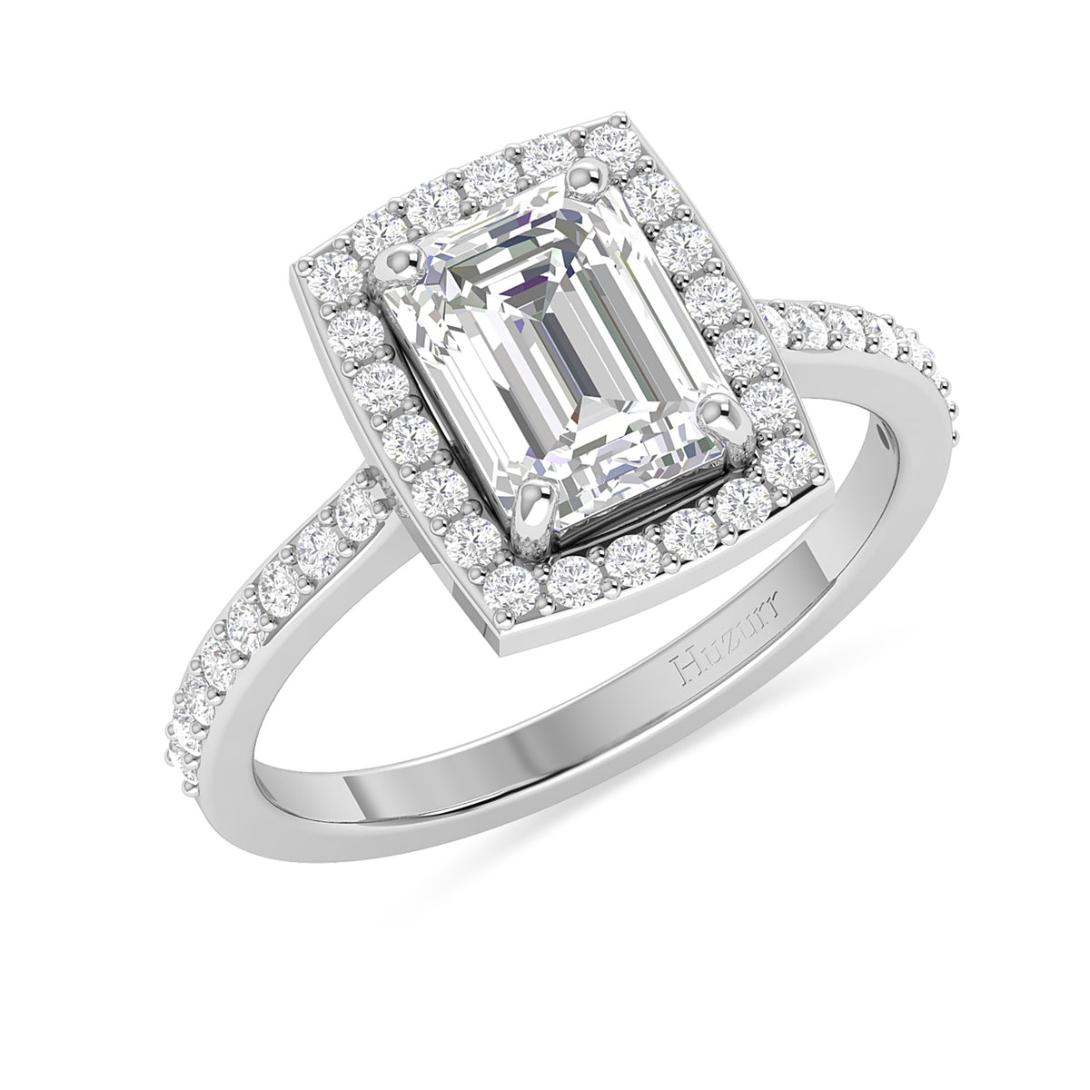Silver Emerald Cut Diamond Solitaire Halo Ring