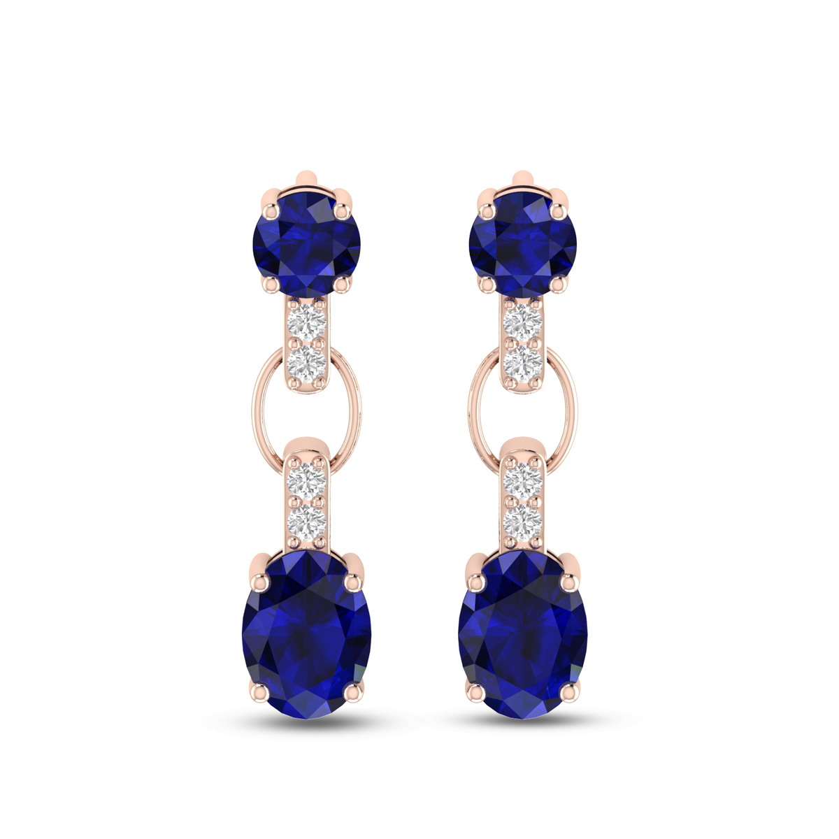 Round & Oval Sapphire Dangle Drop Rose Gold Earrings