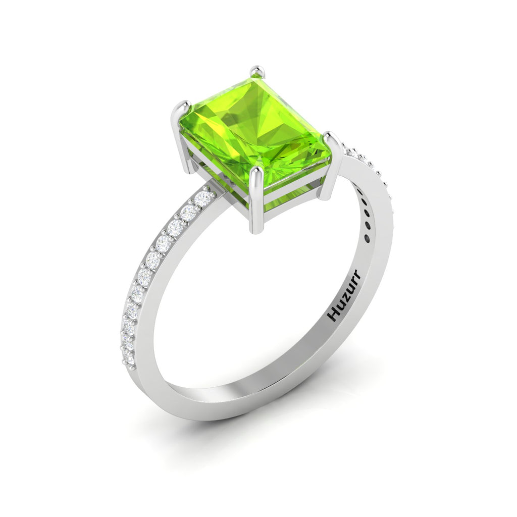 Radiant-Cut Peridot And Diamond 925 Silver Solitaire Ring