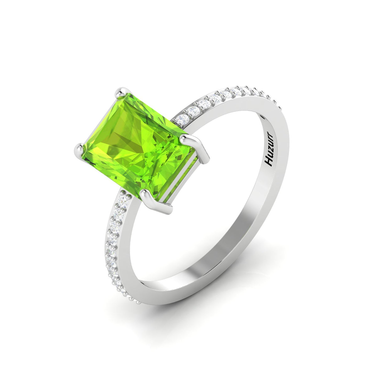 Radiant-Cut Peridot And Diamond 925 Silver Solitaire Ring