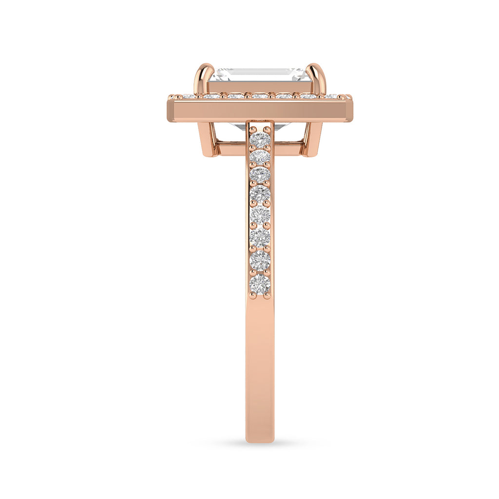 Rose Gold Plated Emerald Cut Diamond Solitaire Halo Ring