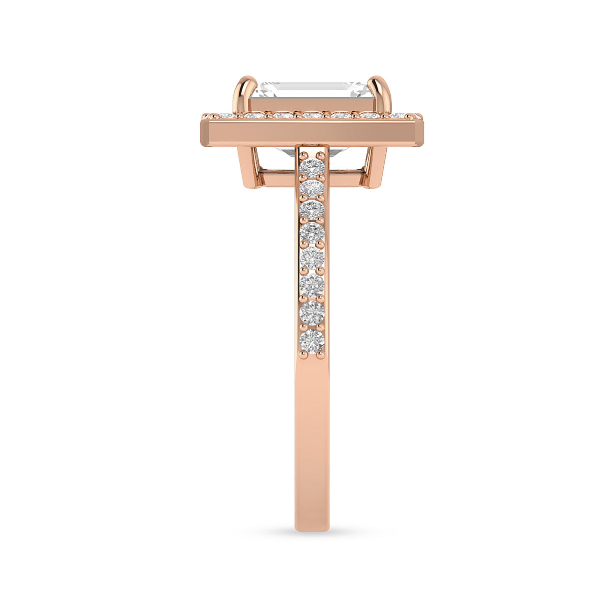 Rose Gold Plated Emerald Cut Diamond Solitaire Halo Ring