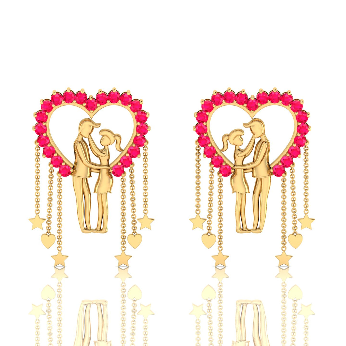 Ruby Couple Heart Gold Plated Hanging Earrings