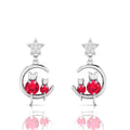 Ruby & Diamond Star Cat On Moon Drop Sterling Silver Earrings