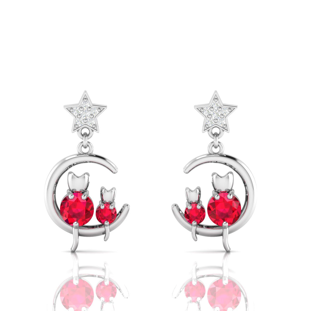 Ruby & Diamond Star Cat On Moon Drop Sterling Silver Earrings