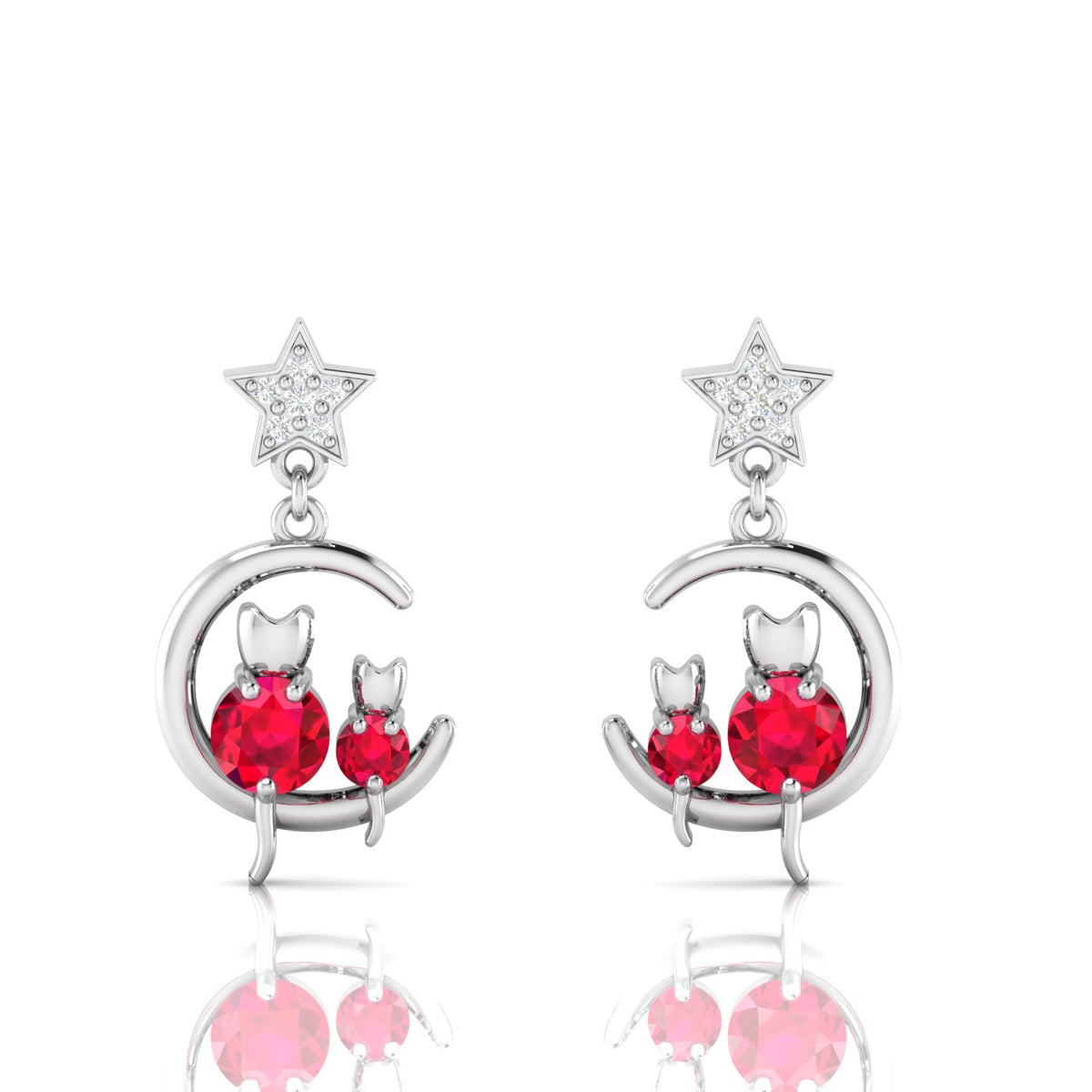 Ruby & Diamond Star Cat On Moon Drop Sterling Silver Earrings