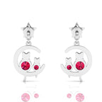 Ruby & Diamond Star Cat On Moon Drop Sterling Silver Earrings