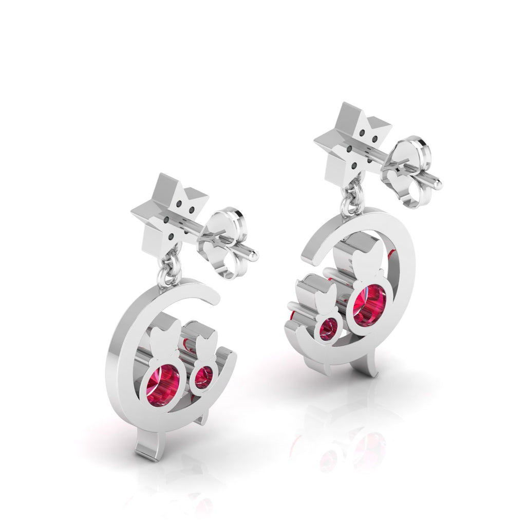 Ruby & Diamond Star Cat On Moon Drop Sterling Silver Earrings