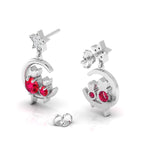 Ruby & Diamond Star Cat On Moon Drop Sterling Silver Earrings