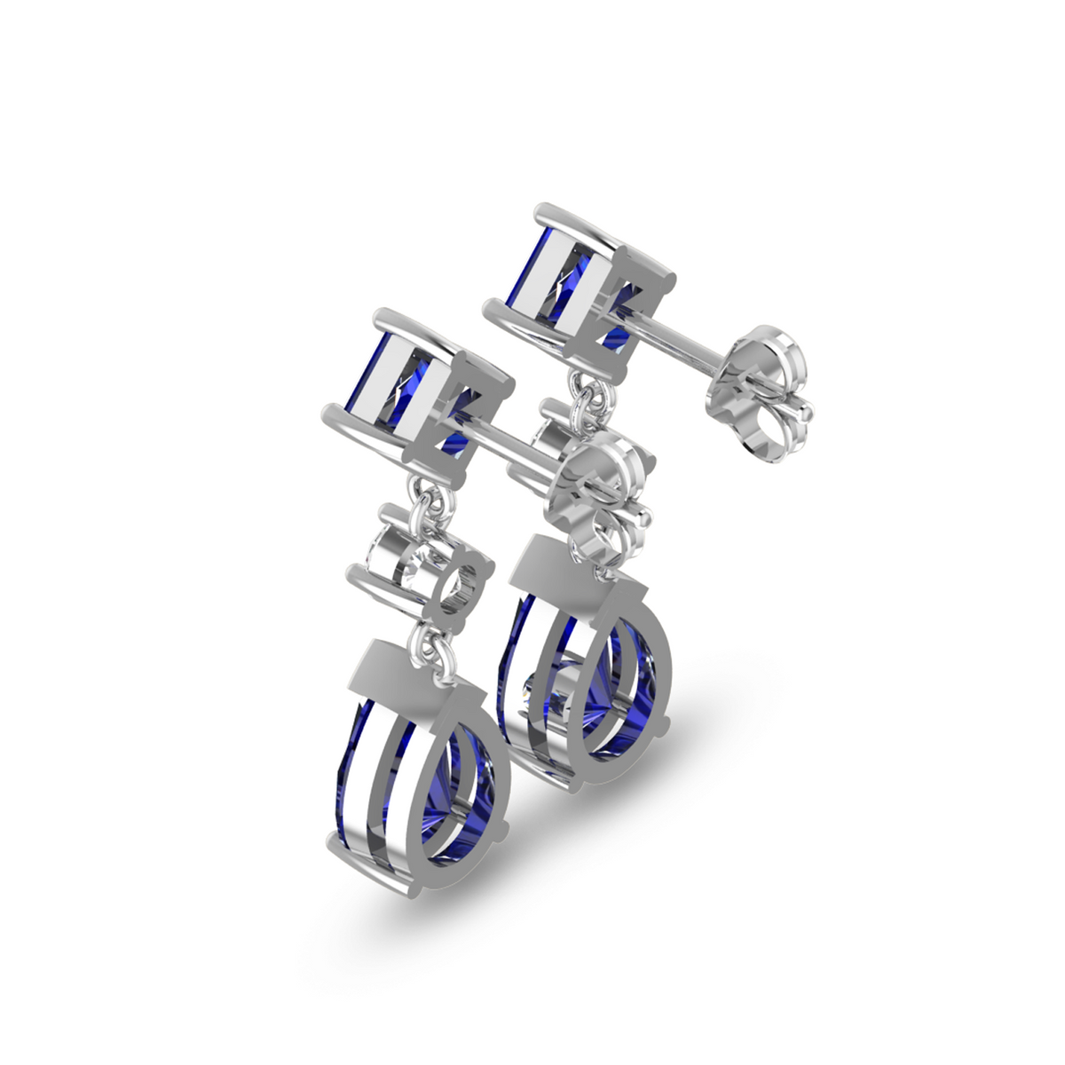 Stylish Square & Pear Sapphire Drop Silver Earrings