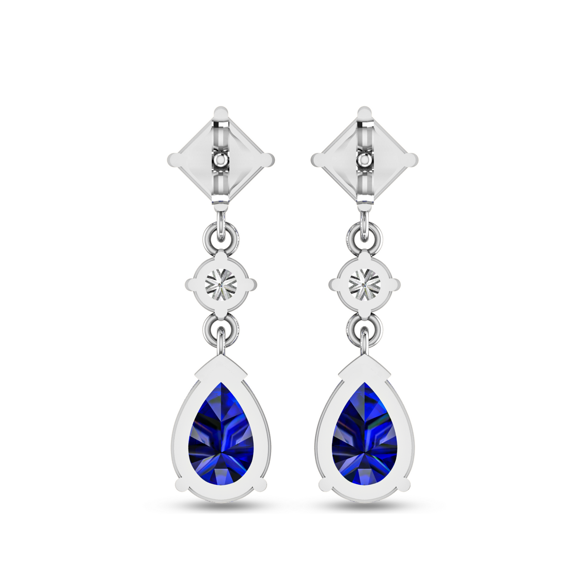Stylish Square & Pear Sapphire Drop Silver Earrings