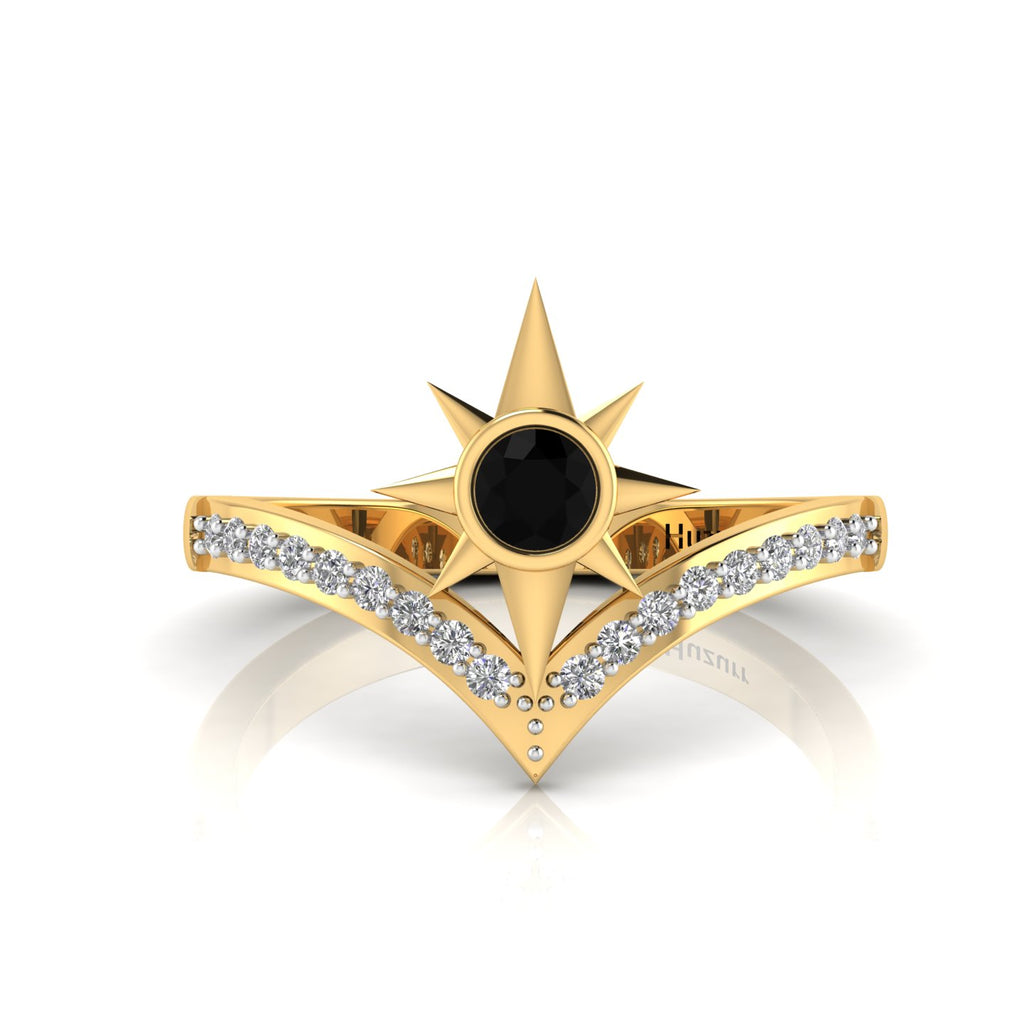Black Diamond Two Tone Gold Plated North Star Wishbone Ring