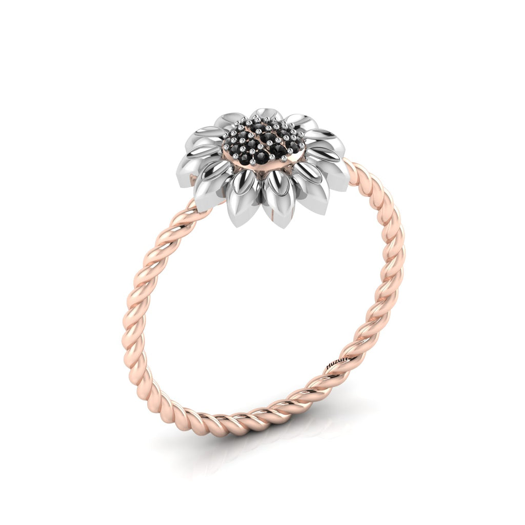 Black Diamond Sun Flower Rose Gold Plated Two Tone Twist Band Ring