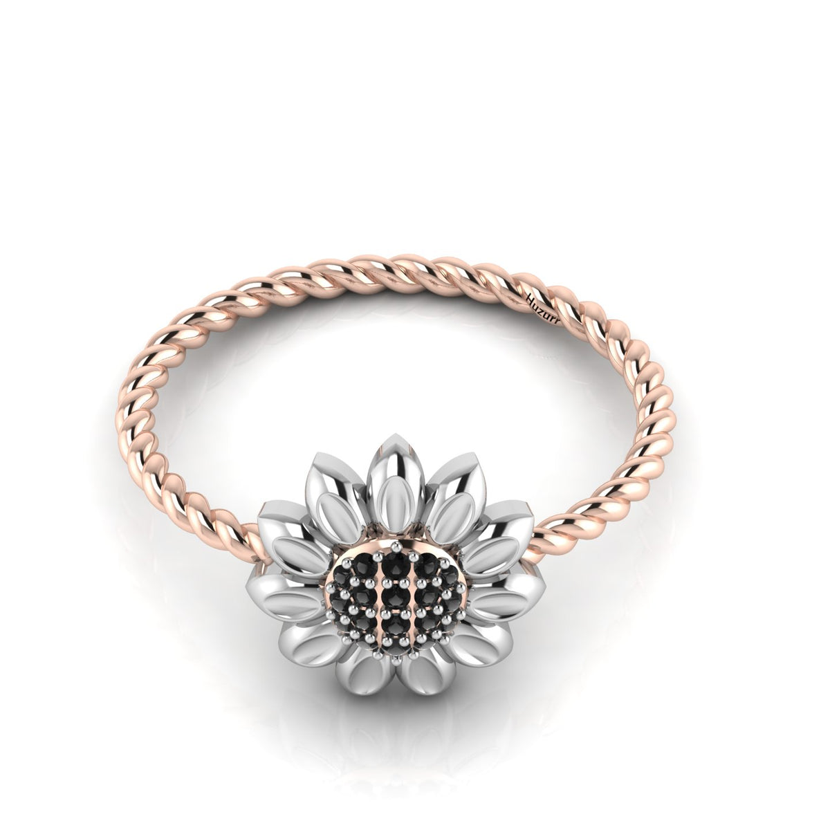 Black Diamond Sun Flower Rose Gold Plated Two Tone Twist Band Ring
