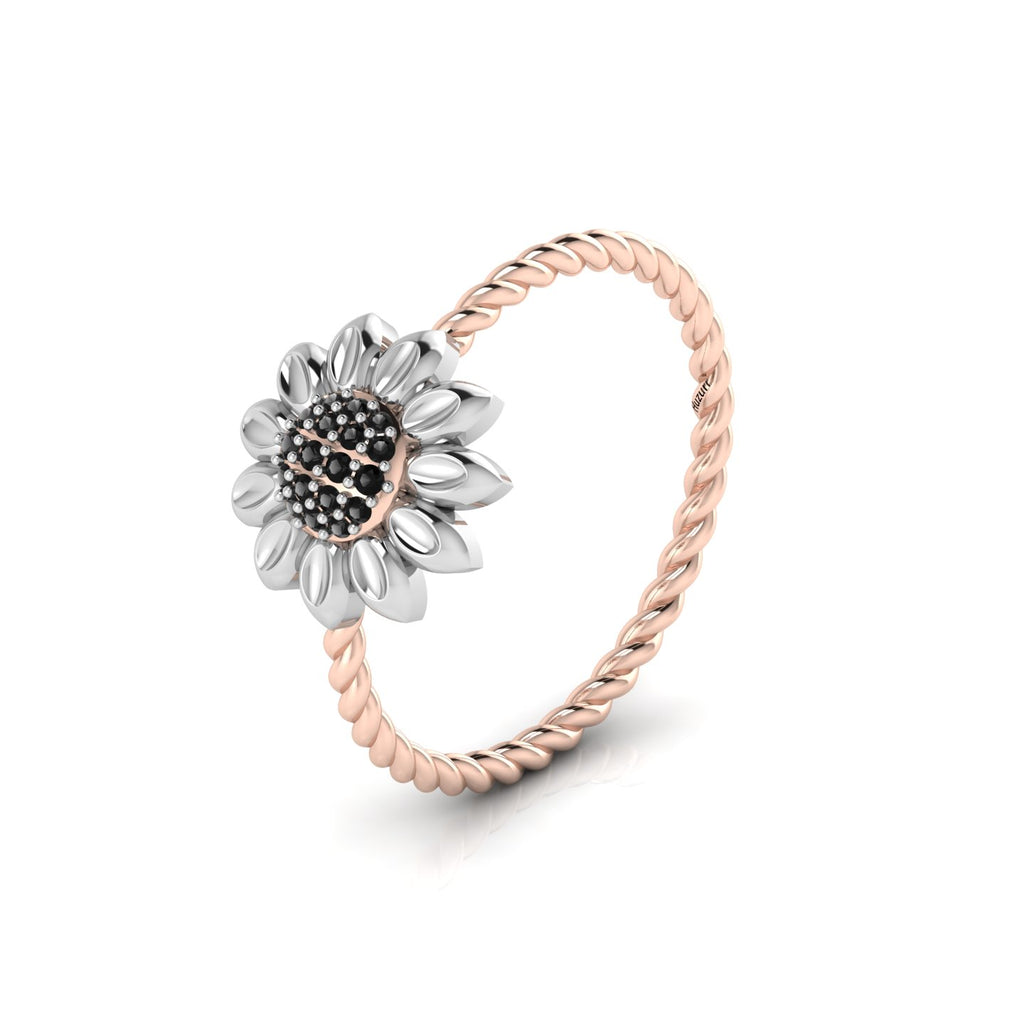 Black Diamond Sun Flower Rose Gold Plated Two Tone Twist Band Ring