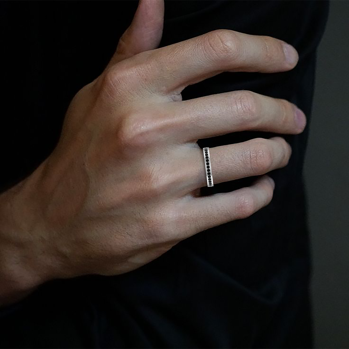 White And Black Diamond Silver Half Eternity Band Ring