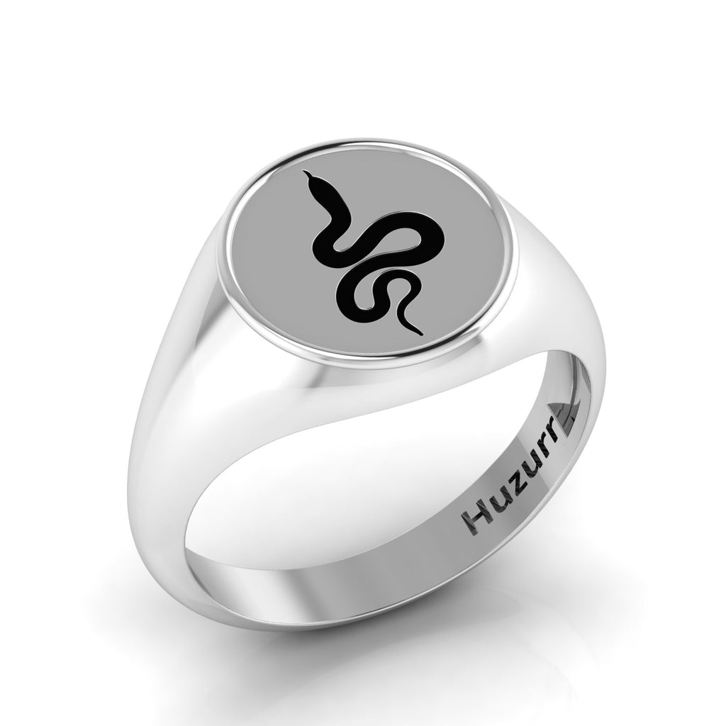 Black Enamel Spiral Snake Engraved Classic Signet Sterling Silver Ring