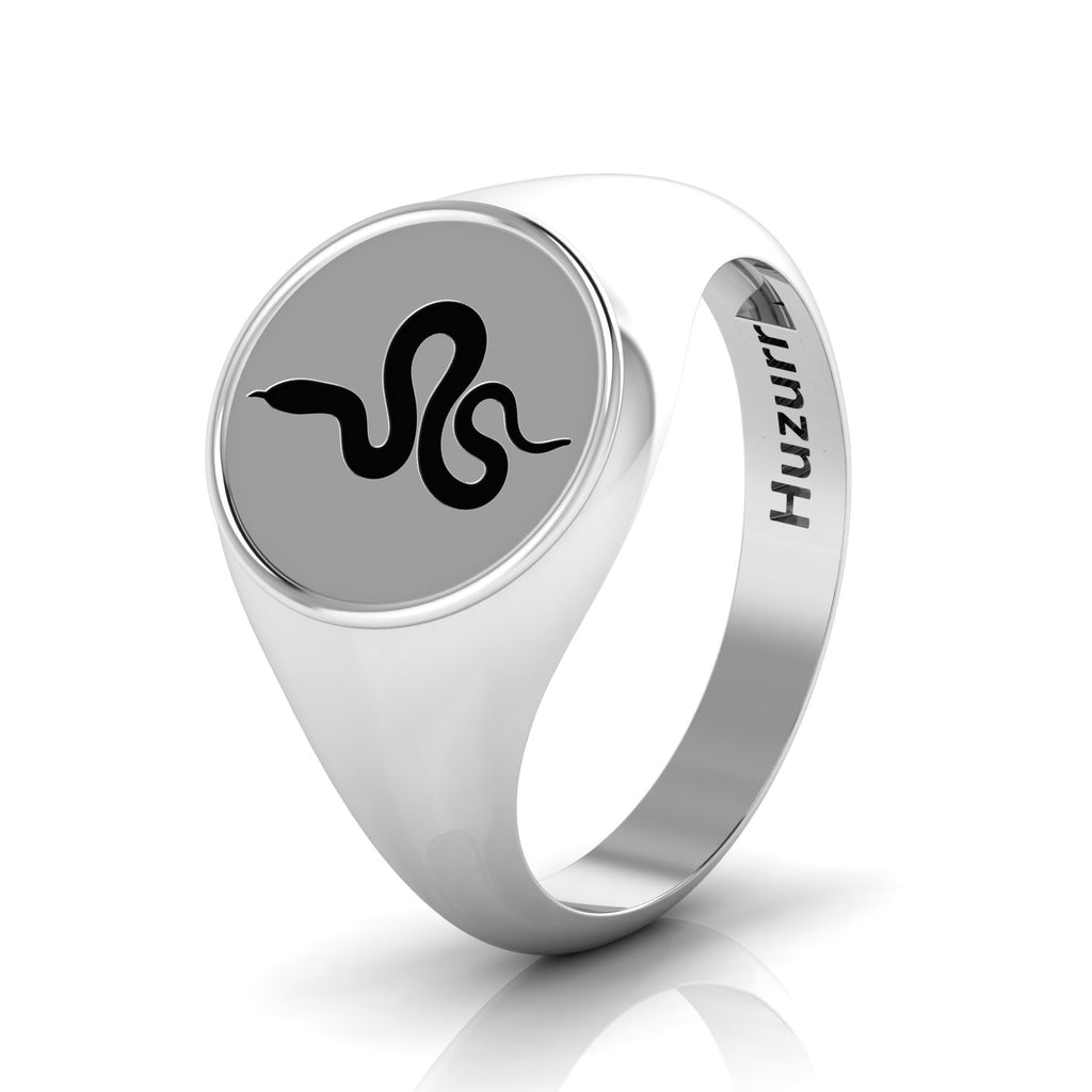 Black Enamel Spiral Snake Engraved Classic Signet Sterling Silver Ring