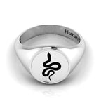 Black Enamel Spiral Snake Engraved Classic Signet Sterling Silver Ring